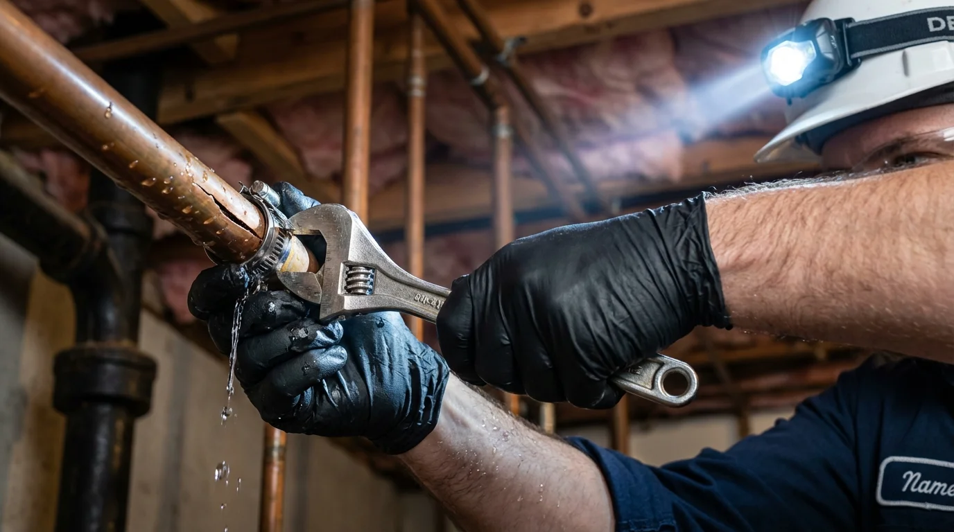 Emergency pipe clamp repair being performed by a Johns Plumbing LLC plumber in Fulton