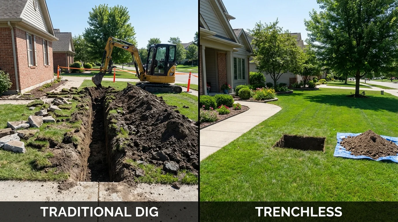 Trenchless sewer repair with minimal yard damage versus traditional excavation in Fulton, MO