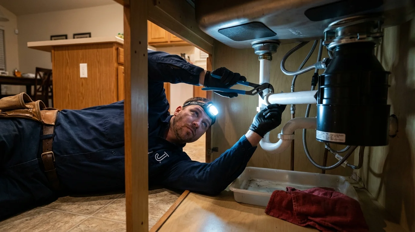 P-trap and supply line connections under a kitchen sink showing a common leak point in Fulton, MO